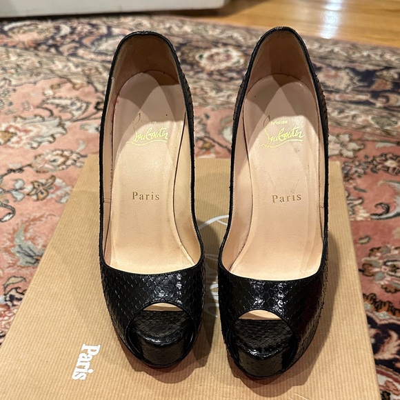 Christian Louboutin Black Textured Peep Toe Heels - Picture 2 of 4